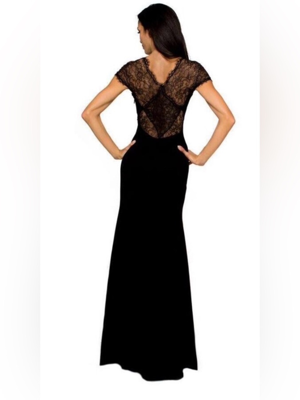 BCBGMaxAzria Julia Black Lace-Cap Sleeve Evening Gown
